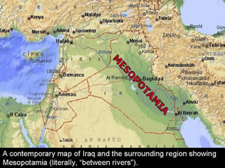 A contemporary map of Iraq and the surrounding region showing Mesopotamia.